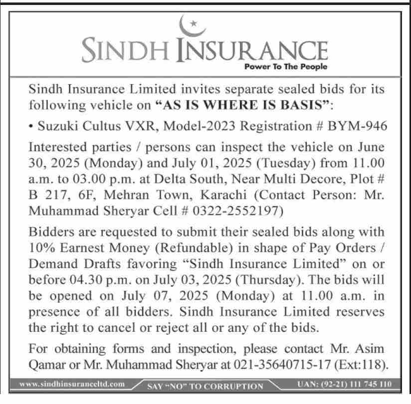 Sindh Insurance Karachi Tender Notice